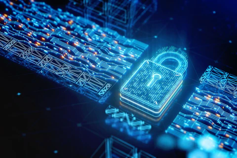 Podświetlony symbol zamkniętej kłódki z zaszyfrowanym kodem binarnym.